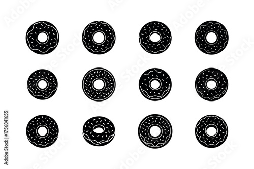 Donut Icons Set Vector Collection in Black Silhouette Style