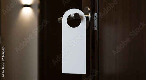 Blank white door hanger tag hanging on a dark wooden door handle for commercial usage and mockups