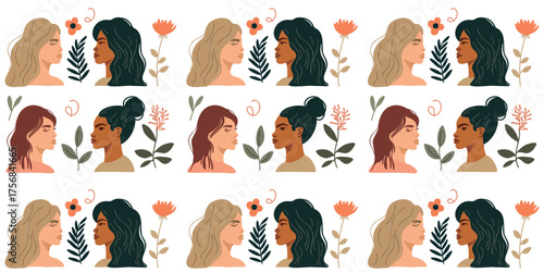 vector illustration seamless pattern with female profile portraits self care concept