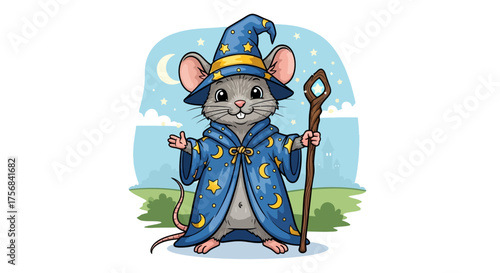 Wizard mouse with magic staff casting spells under starry sky creating a whimsical fantasy scene perfect for childrens book illustration or fairytale artwork.