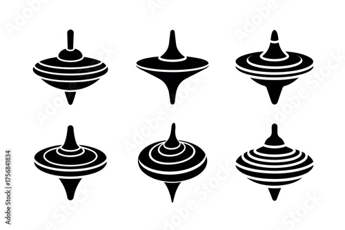 Spinning Top Toy Icons Set Vector Collection in Black Silhouette Style