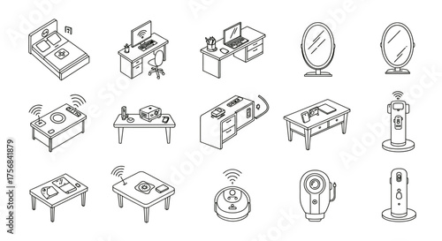smart home devices isometric icons set home automation and technology illustrating futuristic living ideal for tech blogs and innovative product visuals.
