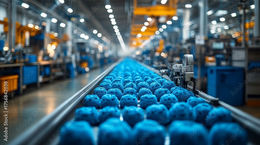 Fototapeta premium A bright blue assembly of items moves smoothly on a conveyor in a bustling high-tech factory