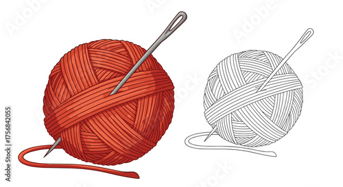A close-up of a red ball of yarn with a needle and thread is depicted along with its outline.
