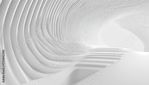 Fototapeta Naklejka Na Ścianę i Meble -  Abstract white tunnel with curved walls and stairs leading towards a bright light