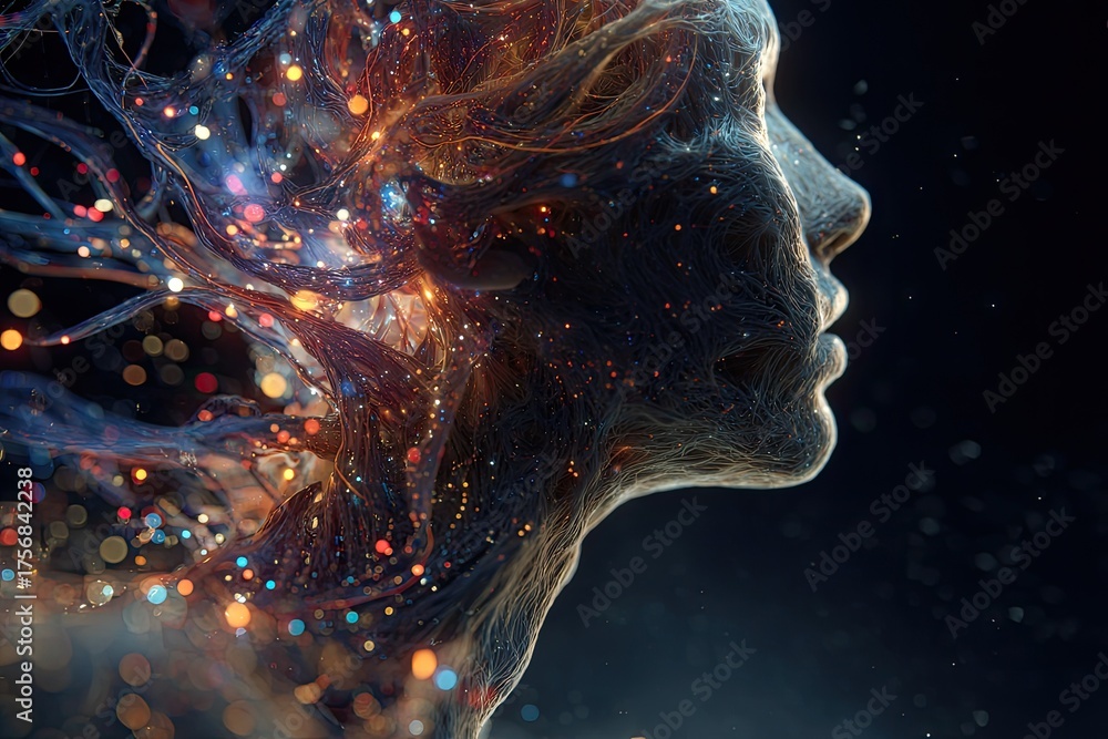 Fototapeta premium Profile portrait of a human-like entity with strands and sparkling lights emanating from the head