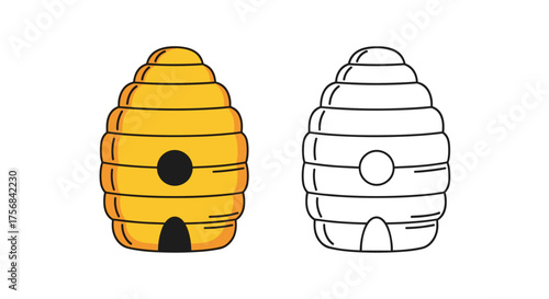 Two beehives one colored and one outline.