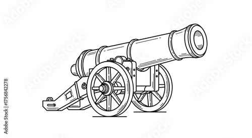 An illustration of an antique cannon with wheels and a long barrel.