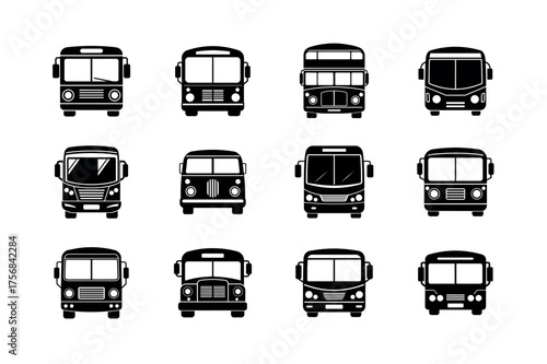 Bus Icons Set Vector Collection in Black Silhouette Style