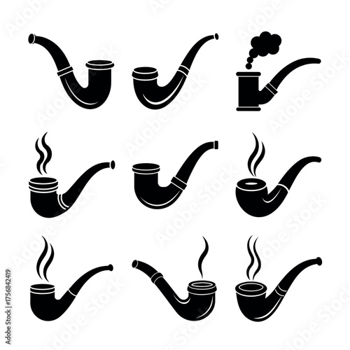 Smoking Pipe Icons Set Vector Collection in Black Silhouette Style