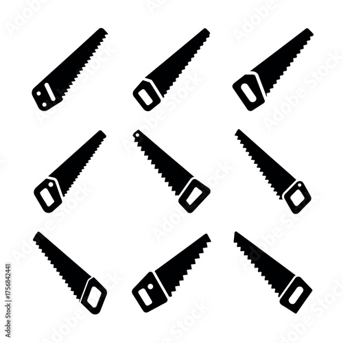 Hand Saw Icons Set Vector Collection in Black Silhouette Style