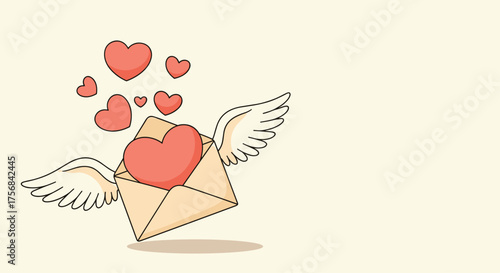A love letter with wings carrying hearts is flying.