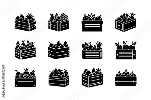 Fruit and Vegetable Crate Icons Set Vector Collection in Black Silhouette Style