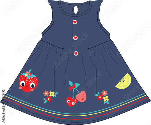girls denim frocks cherry print vector design