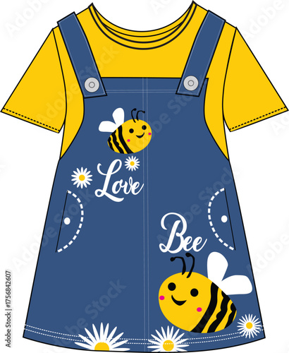 girls denim skirt with hey bee illustration print vector 