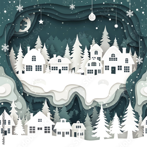 A stylized winter village scene with paper-cut layers, featuring houses and trees.