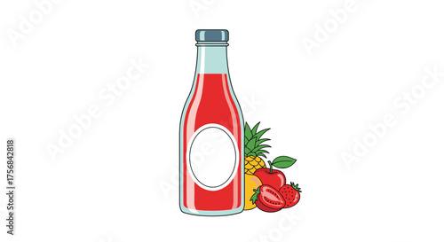 A bottle of red fruit drink with fresh strawberries and pineapple. 