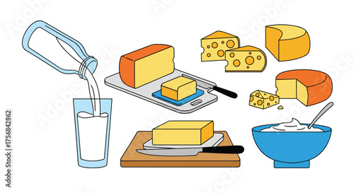 A variety of dairy products are illustrated.
