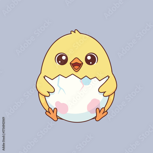 A cartoon-style illustration shows an adorable yellow chick emerging from a cracked egg, set against a soft lavender background, conveying innocence and charm.