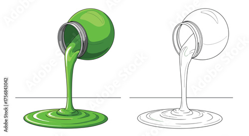 A green liquid pouring from a pot and its outline.