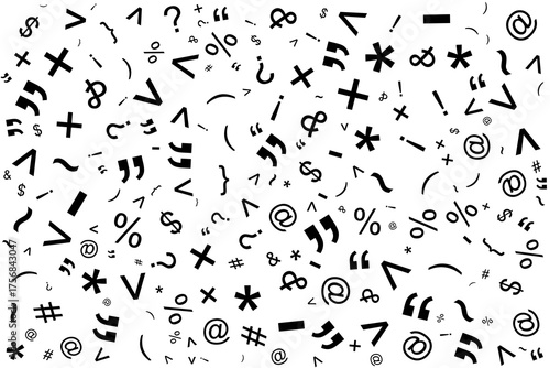 Creative abstract pattern filled with punctuation marks, typographic symbols, and characters on a white background. Ideal for stationery design, education materials and posters.