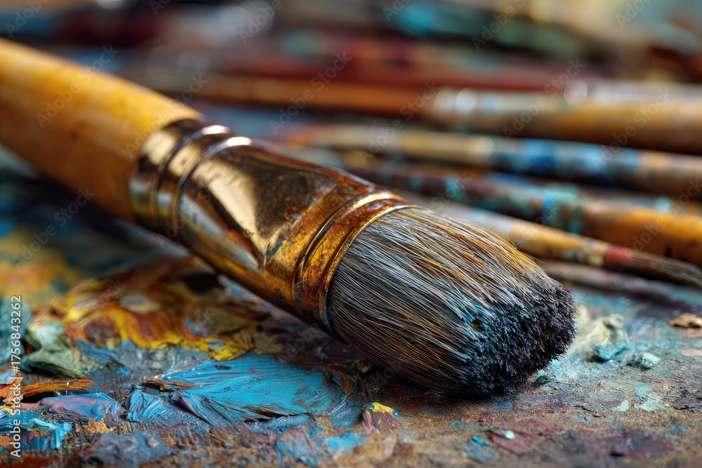 Fototapeta premium A close-up photograph showcases several paintbrushes resting atop a vibrant, well-used palette