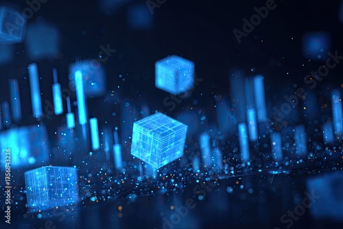 Floating glowing blue cubes and vertical elements against a dark blue background