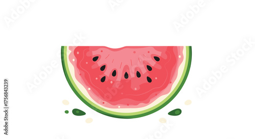 Juicy watermelon slice with seeds and green rind on a white background.
