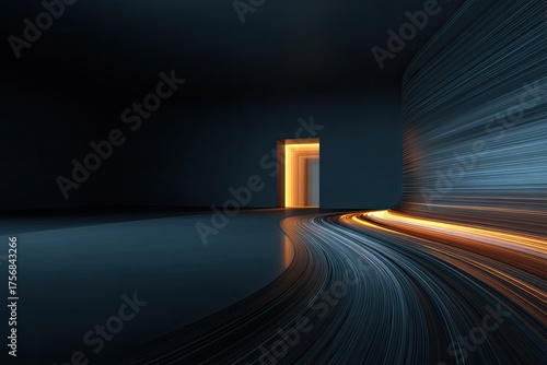 Fototapeta Naklejka Na Ścianę i Meble -  Abstract tunnel with an open doorway at the end, glowing orange. Dark interior with sleek lines