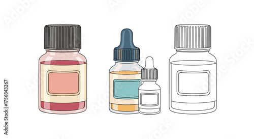 Three different small glass bottles with droppers and caps for liquids.