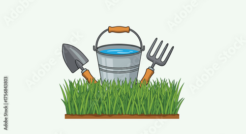 Gardening tools and a bucket full of water on green grass.