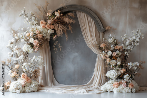 Maternity backdrop, wedding backdrop, photography background with delicate flowers and vintage wall.