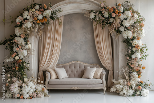Maternity backdrop, wedding backdrop, photography background with a bed, delicate flowers and vintage wall.