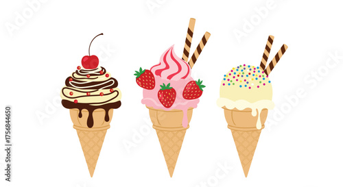 Three delicious ice cream cones with different toppings.
