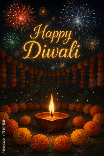 Happy Diwali Festival Image with Traditional Diya and Decorations.