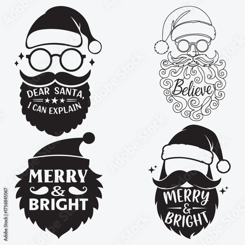 Vintage Santa Beard Quote Designs Merry & Bright Christmas Typography Illustrations