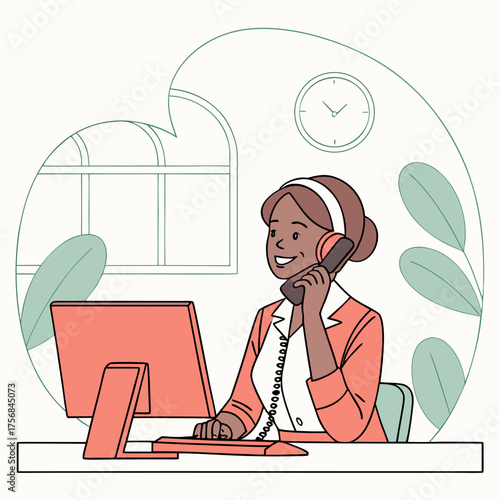 Smiling woman talking on office phone – AI Generated