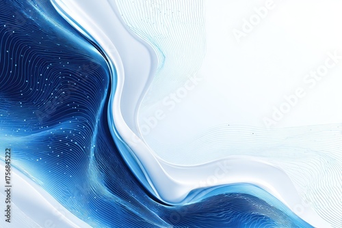 Abstract, flowing design features waves of blue and white, with delicate lines and particles