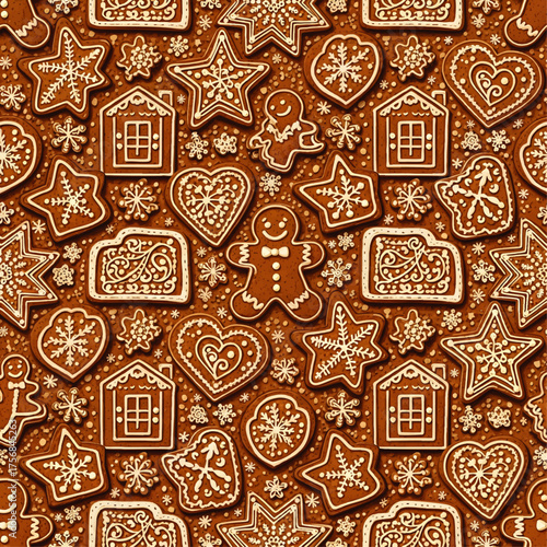 A festive collection of intricately decorated gingerbread cookies in various shapes, arranged in a seamless pattern.