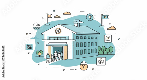 Illustration of a building entrance with people, symbolizing education, community, and public spaces