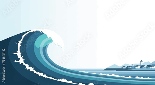 Massive Ocean Wave Crashing Near a Small Coastal Town Causing Natural Disaster
