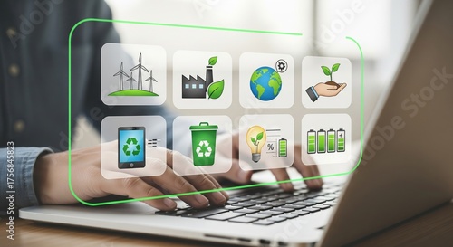 ESG & Renewable Icons Hovering Over Keyboard — Business Sustainability
