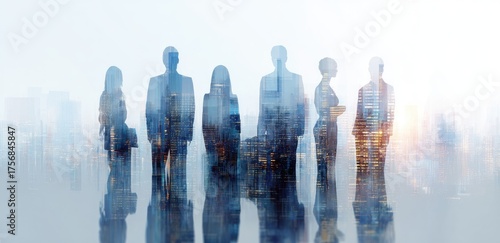 Silhouette of business professionals, city background overlaid. A team standing reflects in water, conceptual