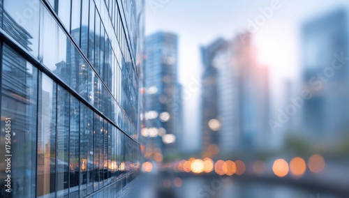 Modern skyscraper facade reflects a blurred cityscape with bokeh lights, conveying urban energy