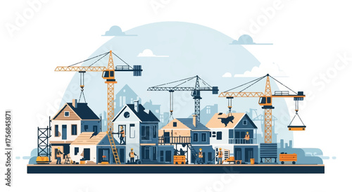 Residential real estate development concept showing a row of houses under construction with large cranes and workers on site