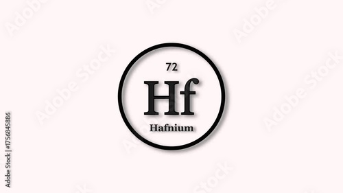 Hafnium element icon animation. Atomic number 72, Chemical symbol Hf, on white background 4k video.
