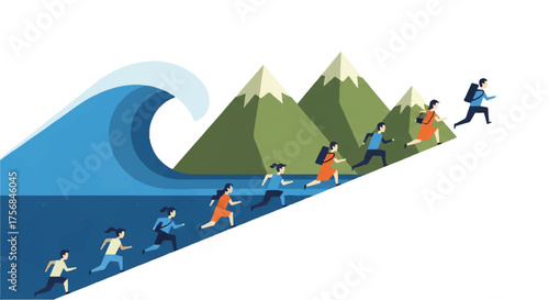 A diverse group of people make a desperate escape up a mountain to survive a giant tsunami wave, a metaphor for climate change