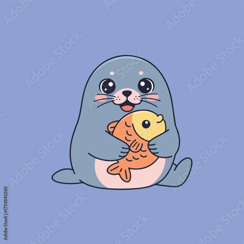 An adorable cartoon seal with big, sparkling eyes, blushing cheeks, and a happy smile is hugging a yellow and orange fish against a pastel blue background.