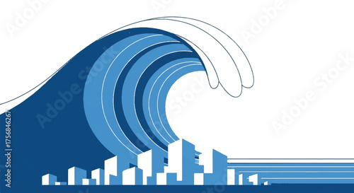 A Powerful Wave Threatening a City - Coastal Disaster Vector Illustration