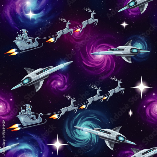 Seamless pattern featuring Santa Claus in a rocket-powered sleigh pulled by reindeer, interspersed with spaceships against a backdrop of colorful galaxies and stars.